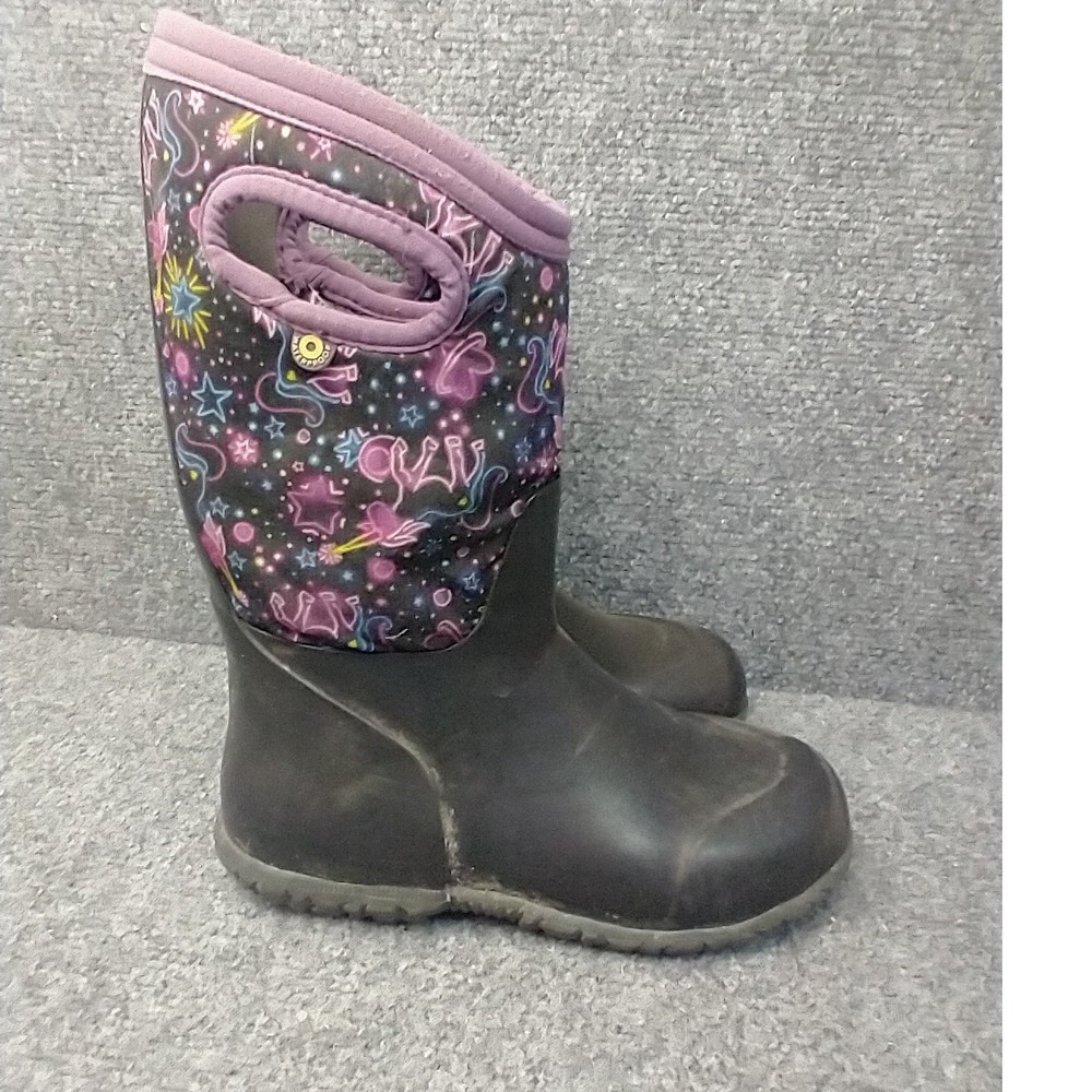 Bogs York Neon Unicorn Rain Boots Kids Size 2 Black Purple Waterproof 73086-009